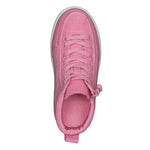 A top view of the FINAL SALE - Pink BILLY Classic D|R High sneaker by BILLY Footwear, featuring pink laces, a pull tab at the heel, a white sole, and removable insoles for a custom fit. Displayed on a white background and AFO-friendly.