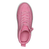 A top view of the FINAL SALE - Pink BILLY Classic D|R High sneaker by BILLY Footwear, featuring pink laces, a pull tab at the heel, a white sole, and removable insoles for a custom fit. Displayed on a white background and AFO-friendly.