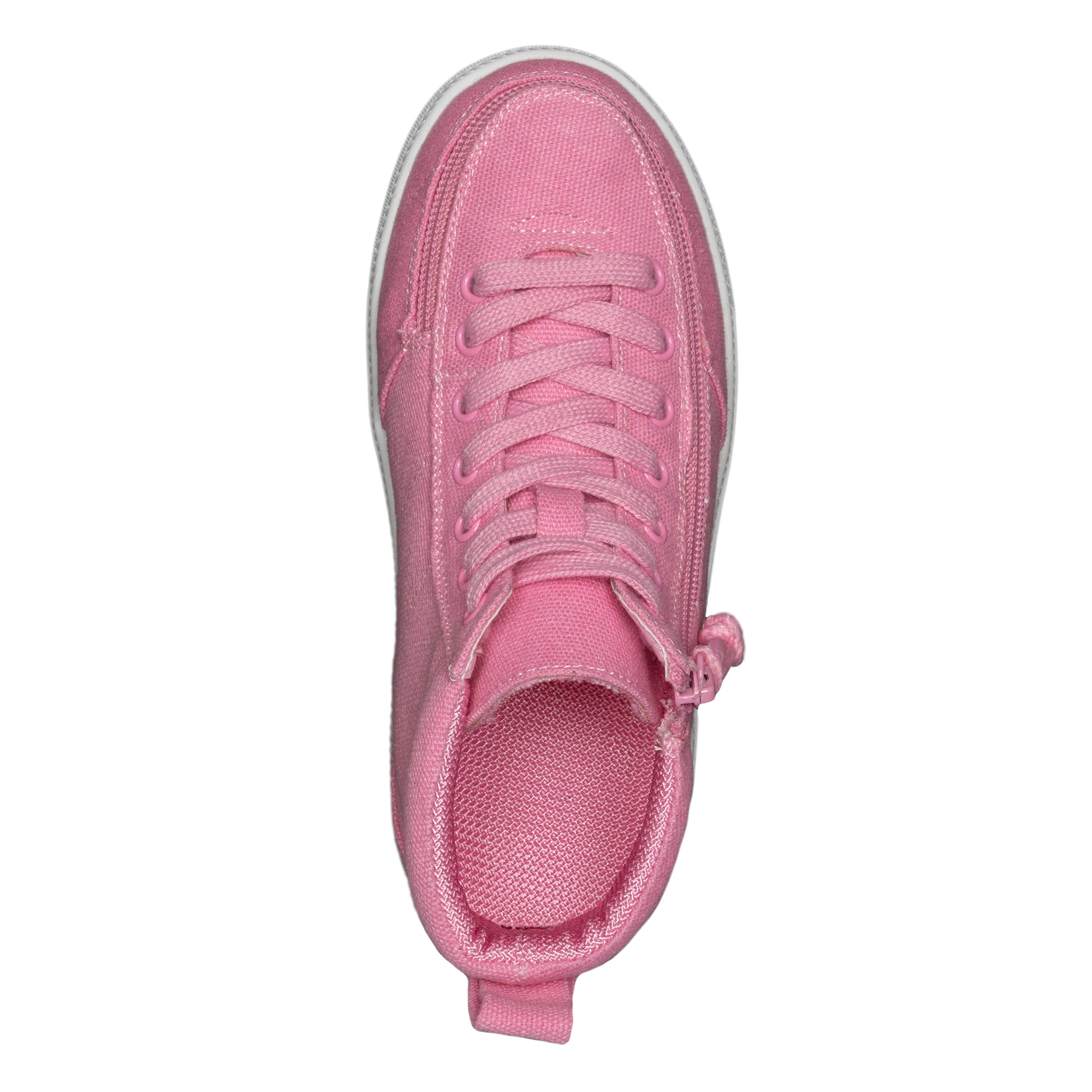 A top view of the FINAL SALE - Pink BILLY Classic D|R High sneaker by BILLY Footwear, featuring pink laces, a pull tab at the heel, a white sole, and removable insoles for a custom fit. Displayed on a white background and AFO-friendly.