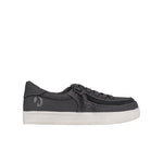Dark gray sneaker with a white sole on a white background