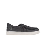 Dark gray sneaker with a white sole on a white background