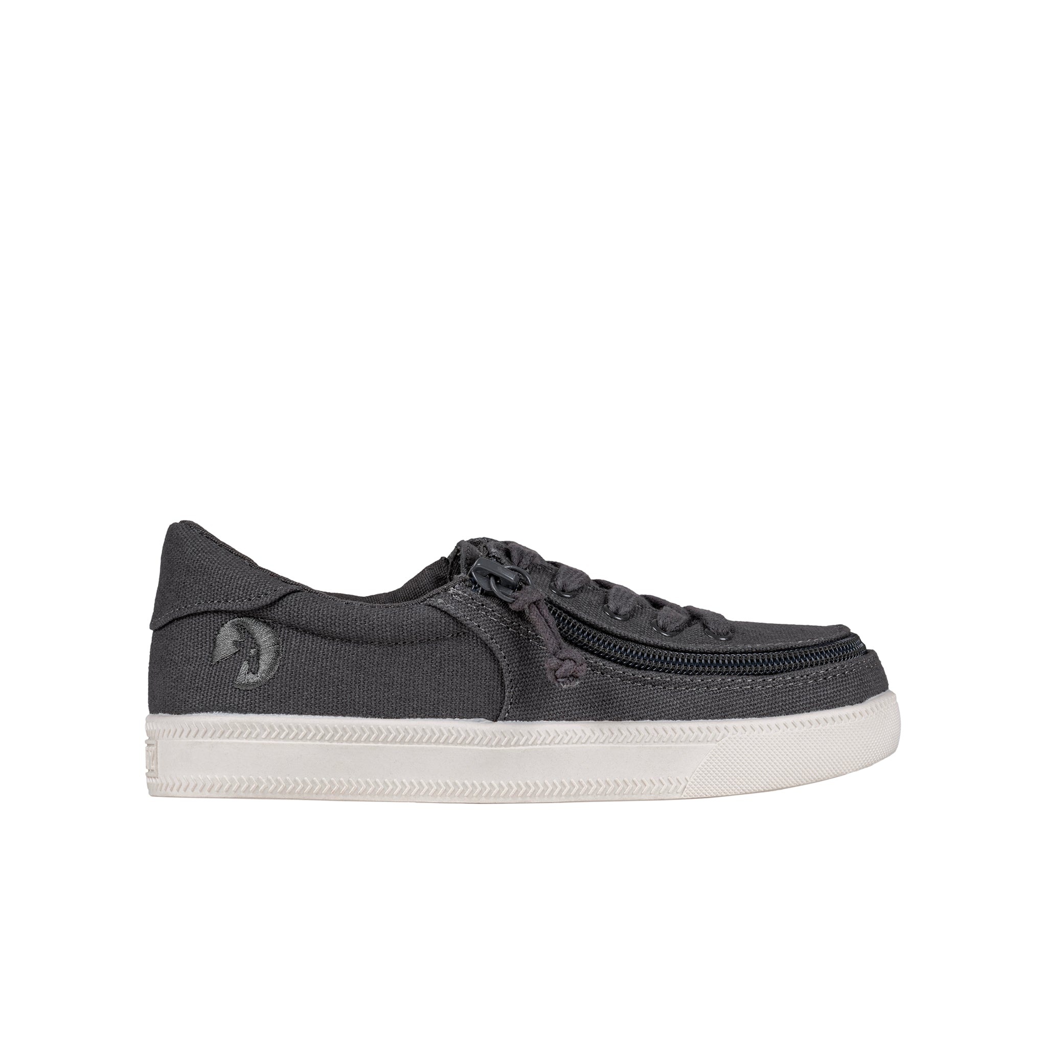 Dark gray sneaker with a white sole on a white background
