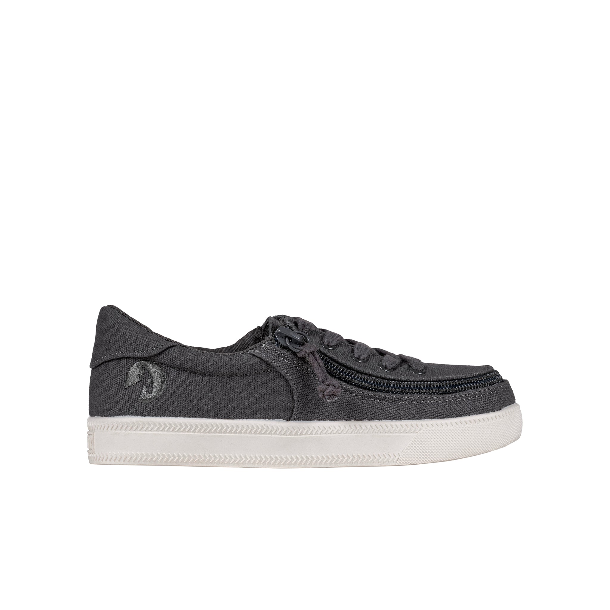Dark Grey sneaker with a white sole on a white background