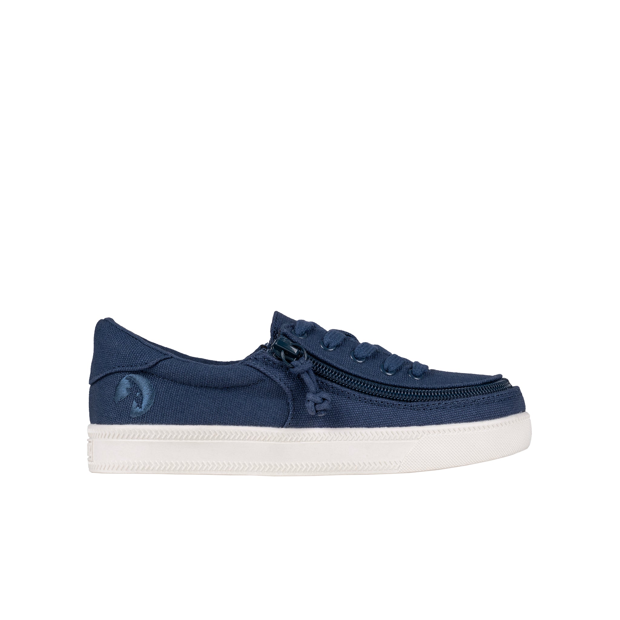 Navy blue sneaker with a white sole on a white background
