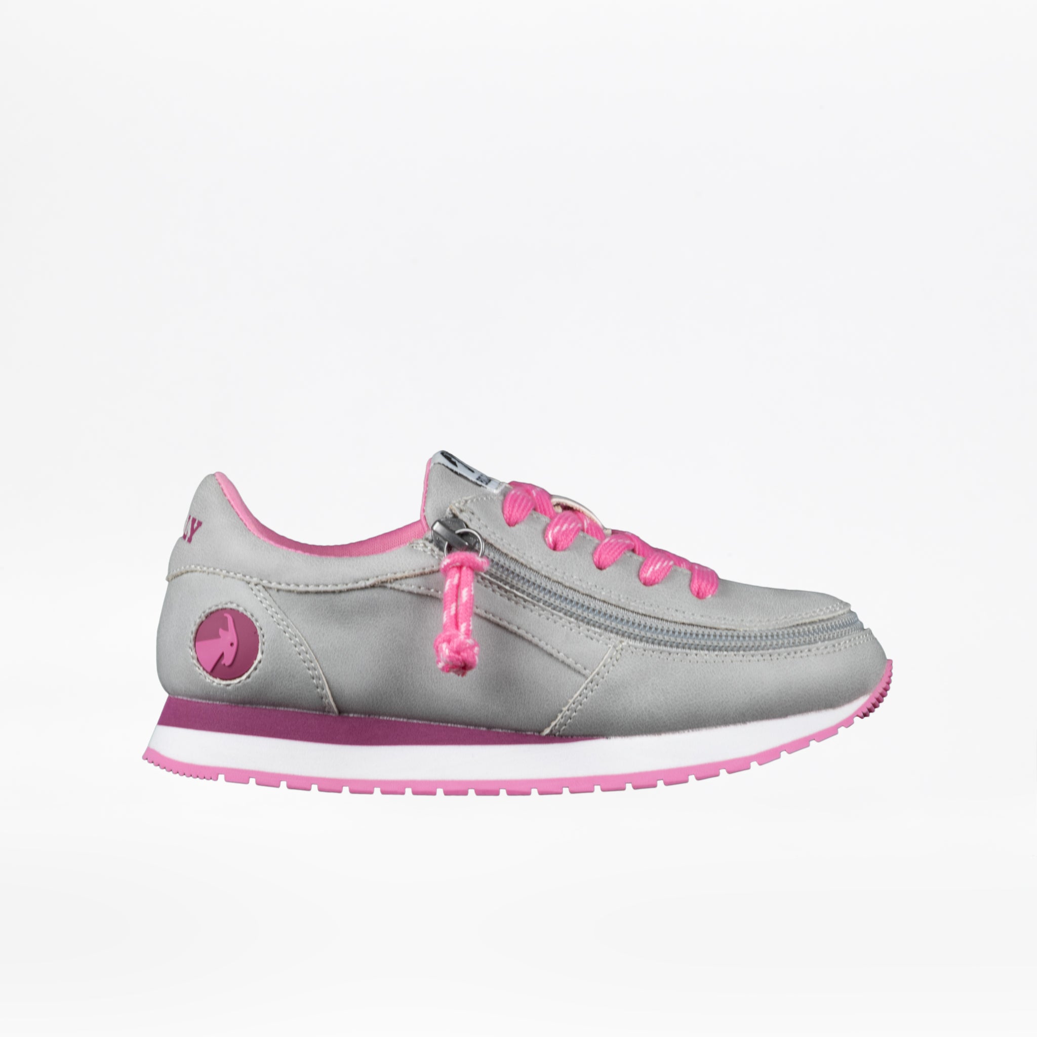 The BILLY Footwear Kids'/Toddler Joggers in fuchsia feature FlipTop Technology for easy wear and display a round logo on the heel.