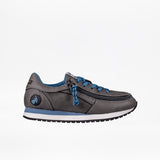 A grey BILLY Footwear sneaker with blue laces, interior, and a stripe on the white sole features a side zipper and circular logo near the heel. Shown on a plain white background, it pairs perfectly with Kids'/Toddler Joggers.