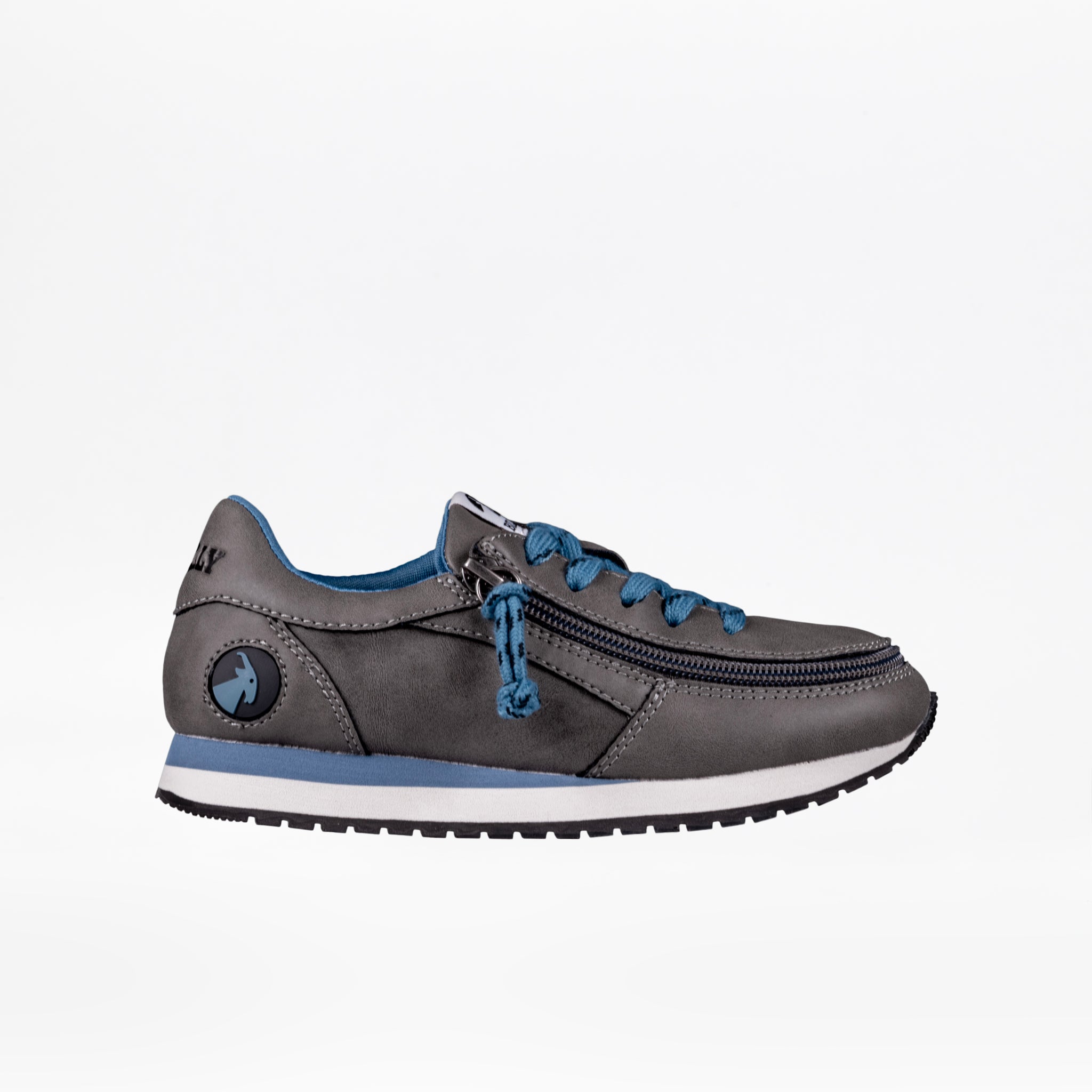A grey BILLY Footwear sneaker with blue laces, interior, and a stripe on the white sole features a side zipper and circular logo near the heel. Shown on a plain white background, it pairs perfectly with Kids'/Toddler Joggers.