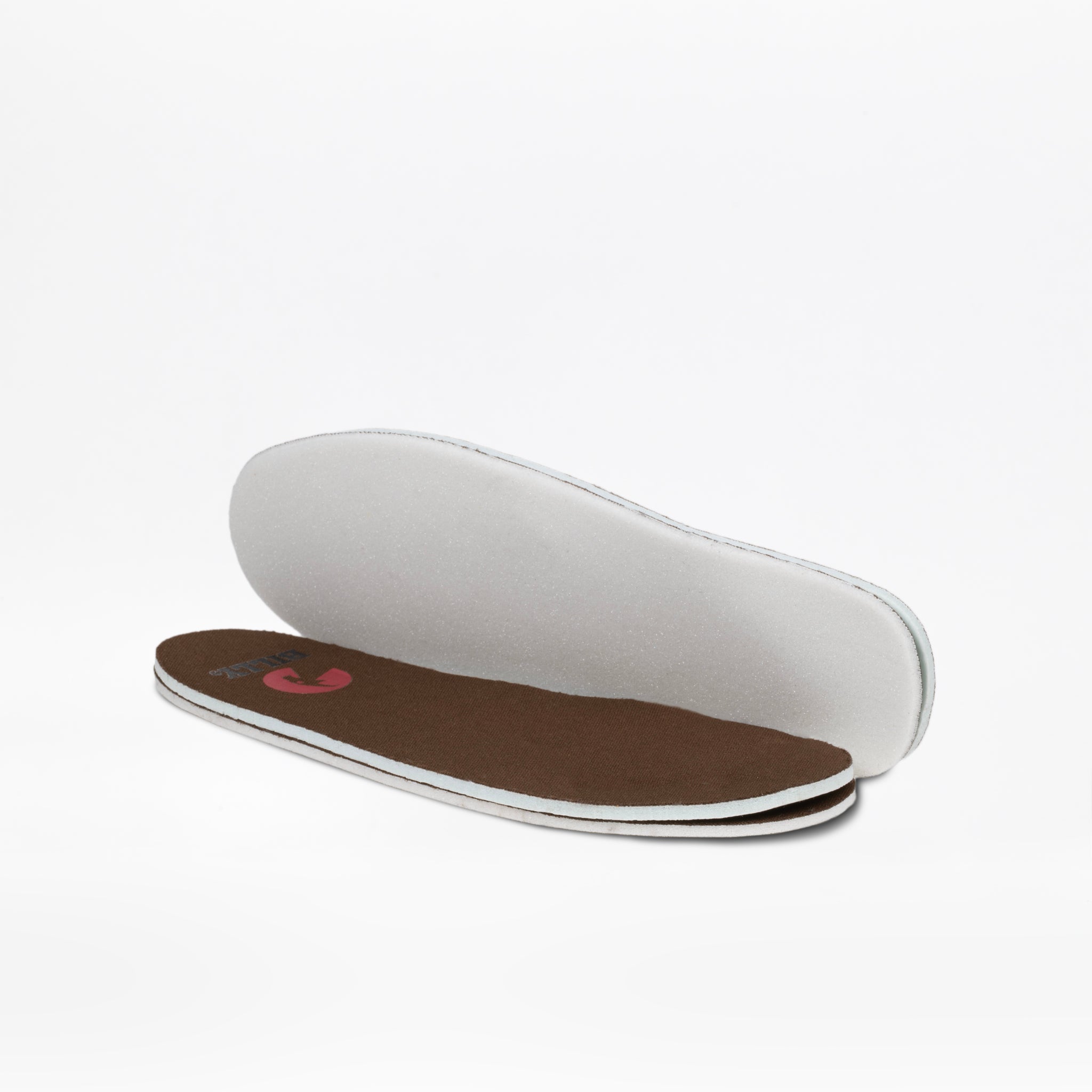 Two brown and white insoles for the Chestnut BILLY Cozy II by BILLY Footwear are stacked with the brown side up on a white surface, featuring a small pink logo on the top insole.