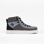 The Grey Colorblock BILLY Street High is a kids’ high-top sneaker with black laces, a wraparound zipper, white sole, and black goat logo on the heel, shown against a plain white background.