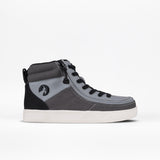 The Grey Colorblock BILLY Street High is a kids’ high-top sneaker with black laces, a wraparound zipper, white sole, and black goat logo on the heel, shown against a plain white background.