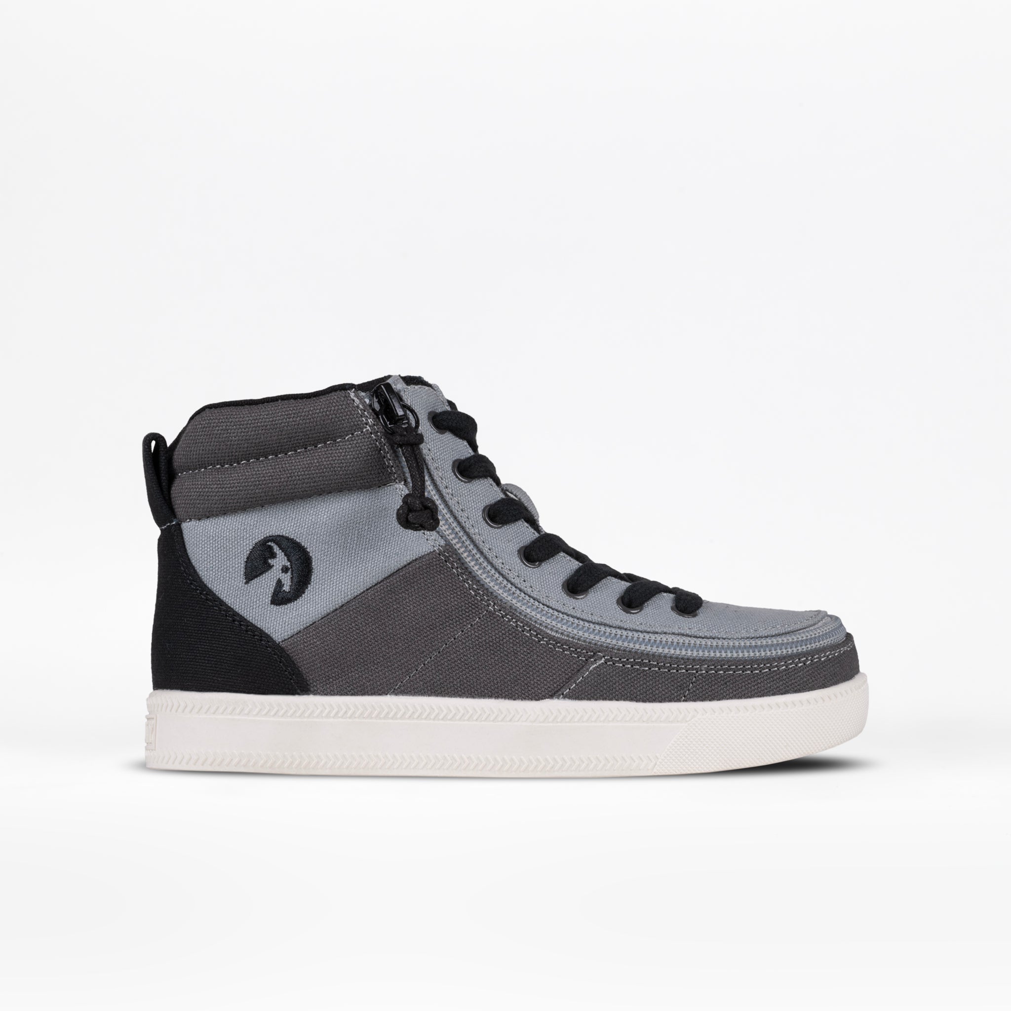The Grey Colorblock BILLY Street High is a kids’ high-top sneaker with black laces, a wraparound zipper, white sole, and black goat logo on the heel, shown against a plain white background.