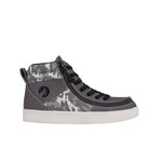 Grey high-top sneaker with camouflage pattern on a white background
