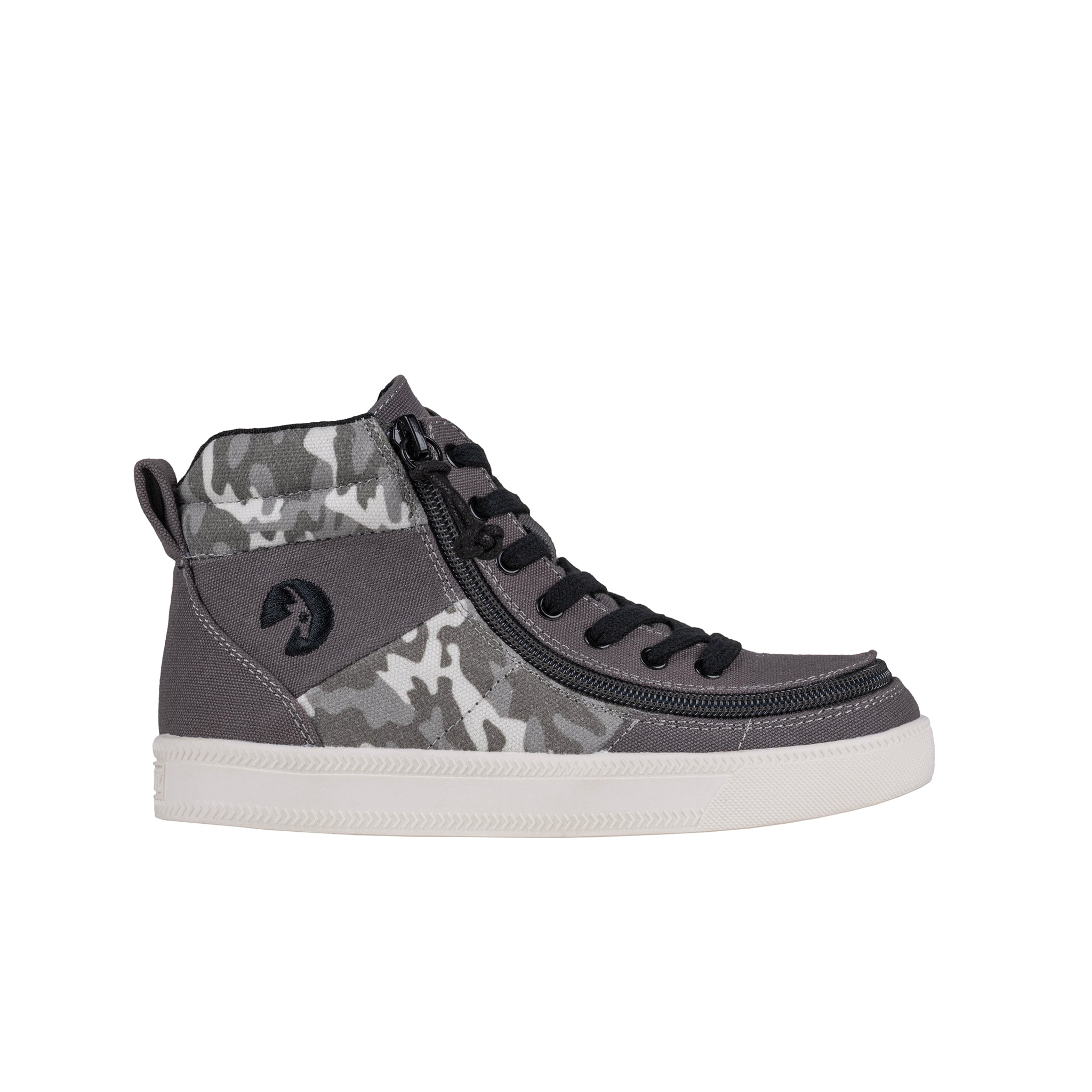 Grey high-top sneaker with camouflage pattern on a white background