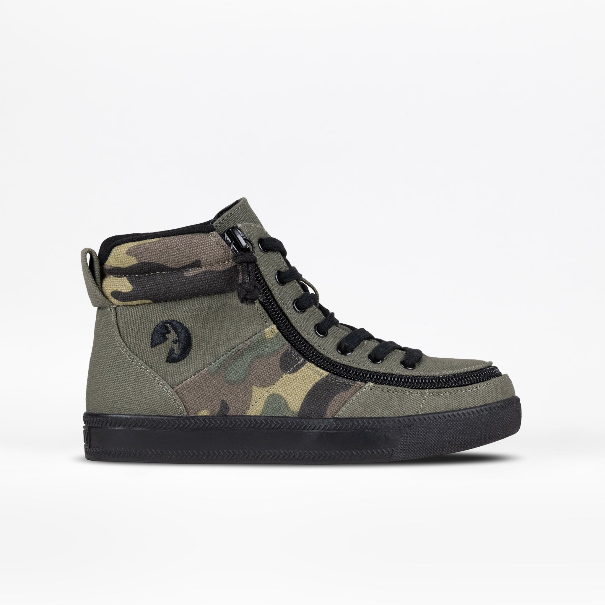 The Olive Camo BILLY Street High is a kids' sneaker with a camouflage design, black laces, side wraparound zipper, black sole, and round heel logo—all displayed on a plain white background.