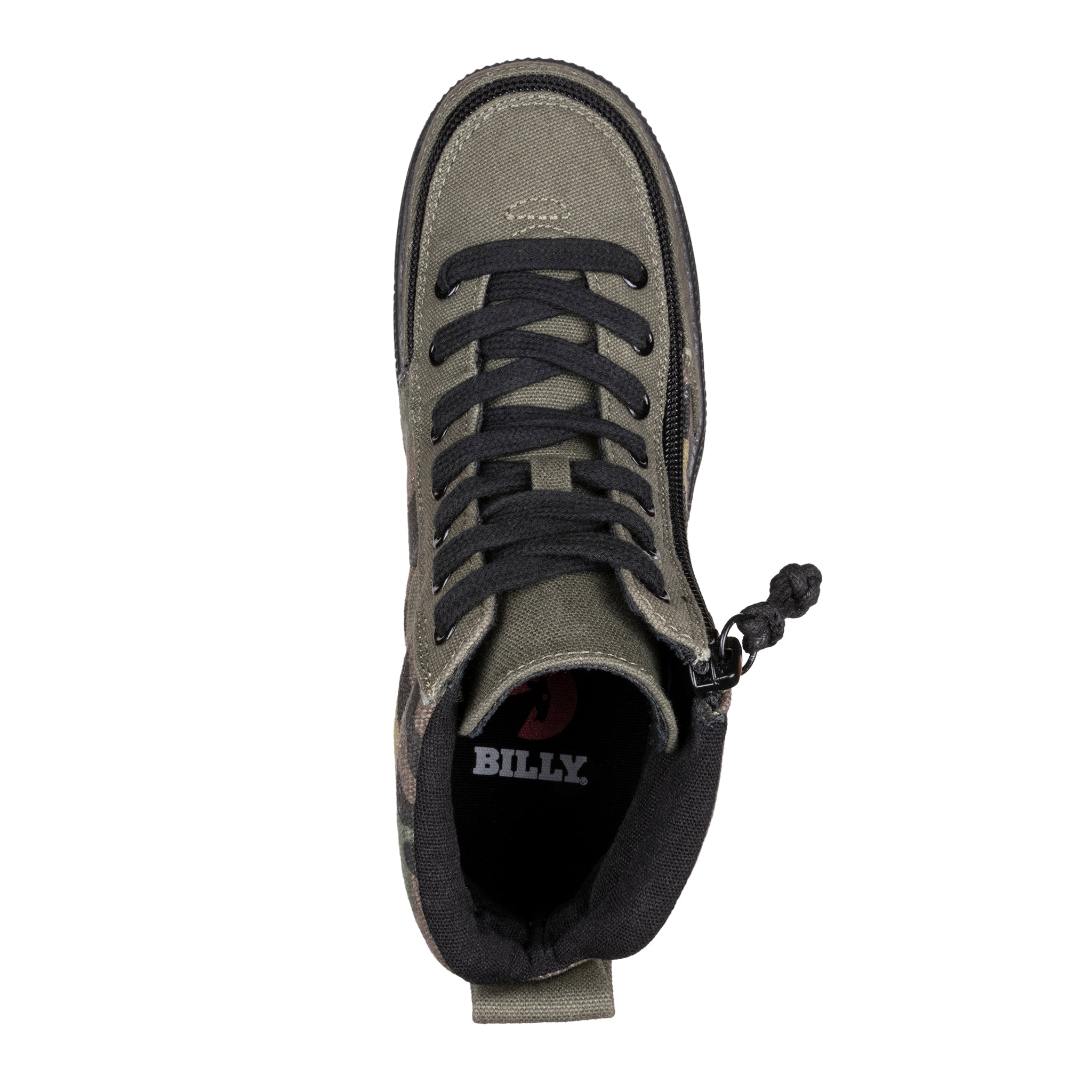 Top view of FINAL SALE - Olive Camo BILLY Street High kids sneakers with black laces, a side zipper, "BILLY" on the black insole, and a fabric heel loop.