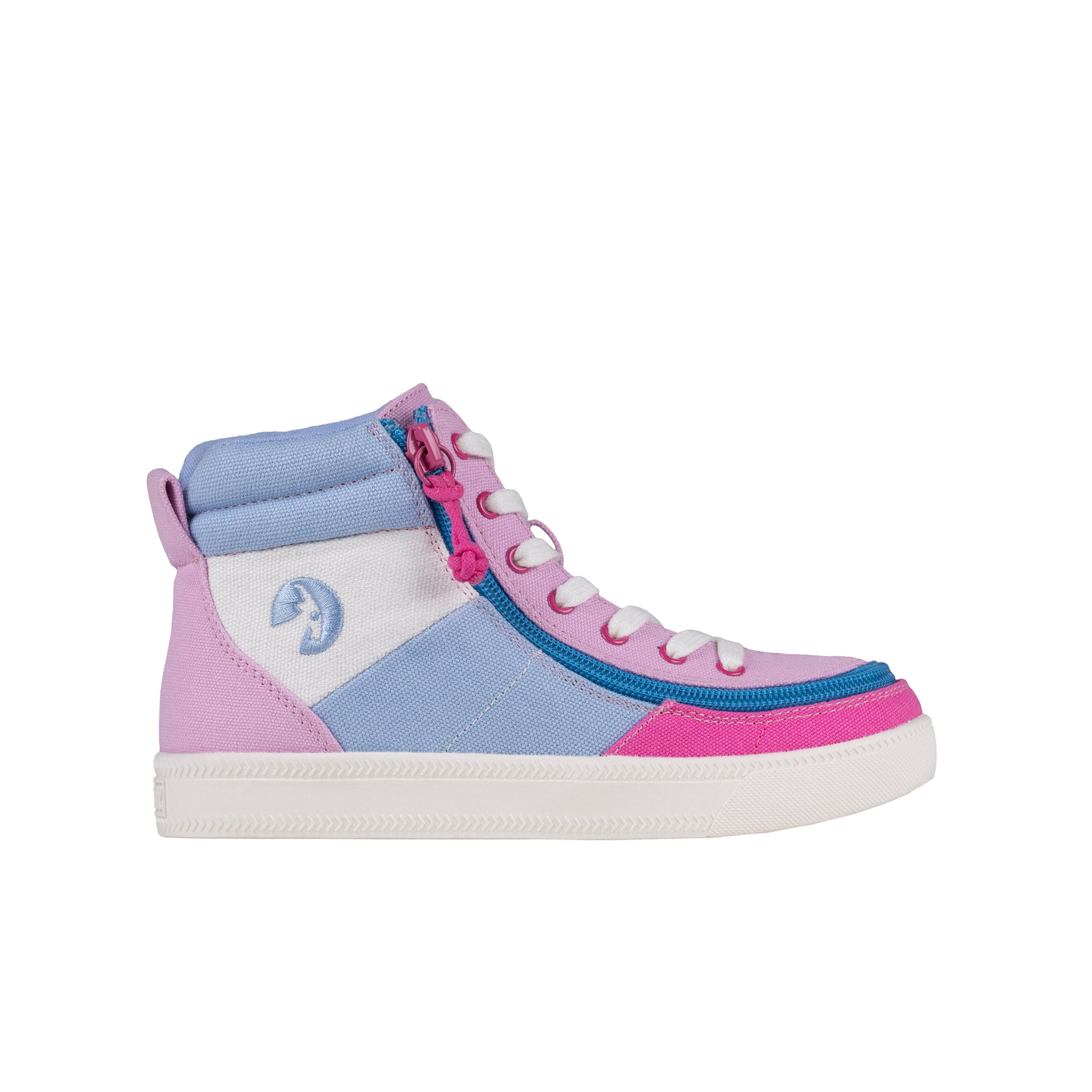 The Pink Colorblock BILLY Street High Tops are kids’ high top sneakers with a side zipper, blue and purple panels, white laces and sole, a pastel pink colorblock design, and a goat logo on the side.