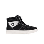 Black high-top sneaker with white sole on a white background