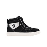 Black high-top sneaker with white sole on a white background