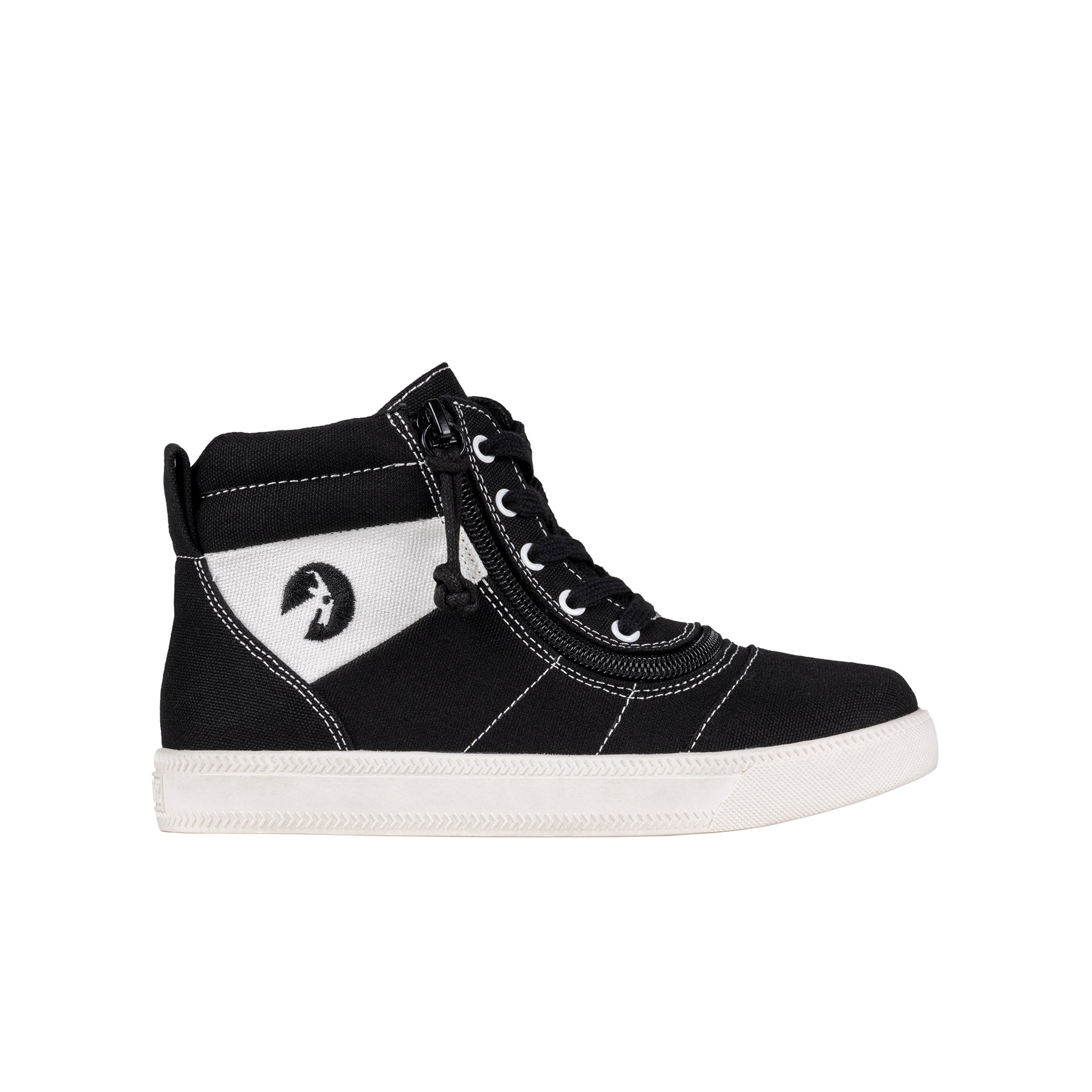 Black high-top sneaker with white sole on a white background