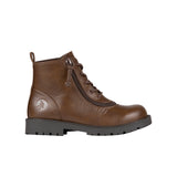 Brown faux leather boot with a zipper on a white background