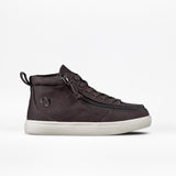 The brown BILLY Classic D|R High by BILLY Footwear is a high-top sneaker with a white textured sole, side zipper, and pull tab. AFO-friendly design features removable insoles for comfort, shown on a plain white background.