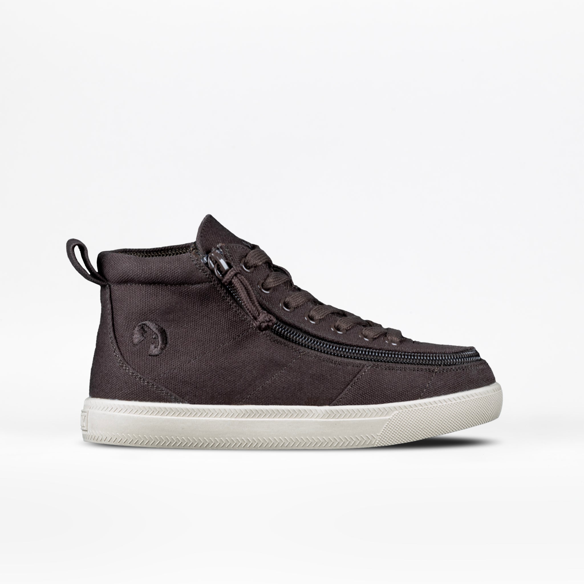 The brown BILLY Classic D|R High by BILLY Footwear is a high-top sneaker with a white textured sole, side zipper, and pull tab. AFO-friendly design features removable insoles for comfort, shown on a plain white background.