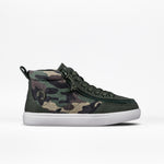 The FINAL SALE - Olive Camo BILLY Classic D|R High by BILLY Footwear is an adaptive high-top sneaker with a green and brown camo print, black laces, side zipper, and white rubber sole, shown against a plain white background.