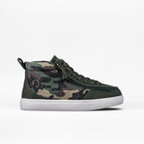 The FINAL SALE - Olive Camo BILLY Classic D|R High by BILLY Footwear is an adaptive high-top sneaker with a green and brown camo print, black laces, side zipper, and white rubber sole, shown against a plain white background.