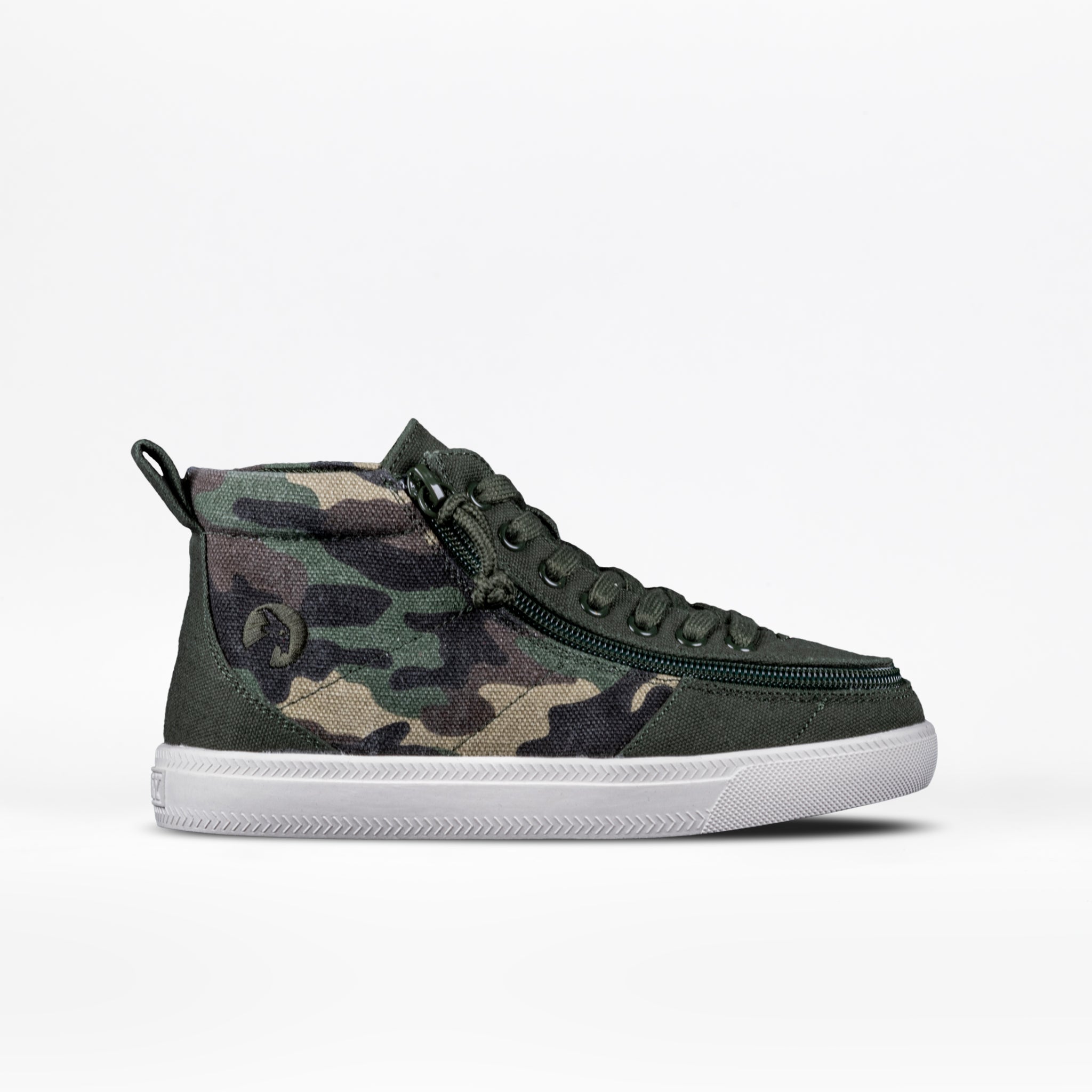 The FINAL SALE - Olive Camo BILLY Classic D|R High by BILLY Footwear is an adaptive high-top sneaker with a green and brown camo print, black laces, side zipper, and white rubber sole, shown against a plain white background.