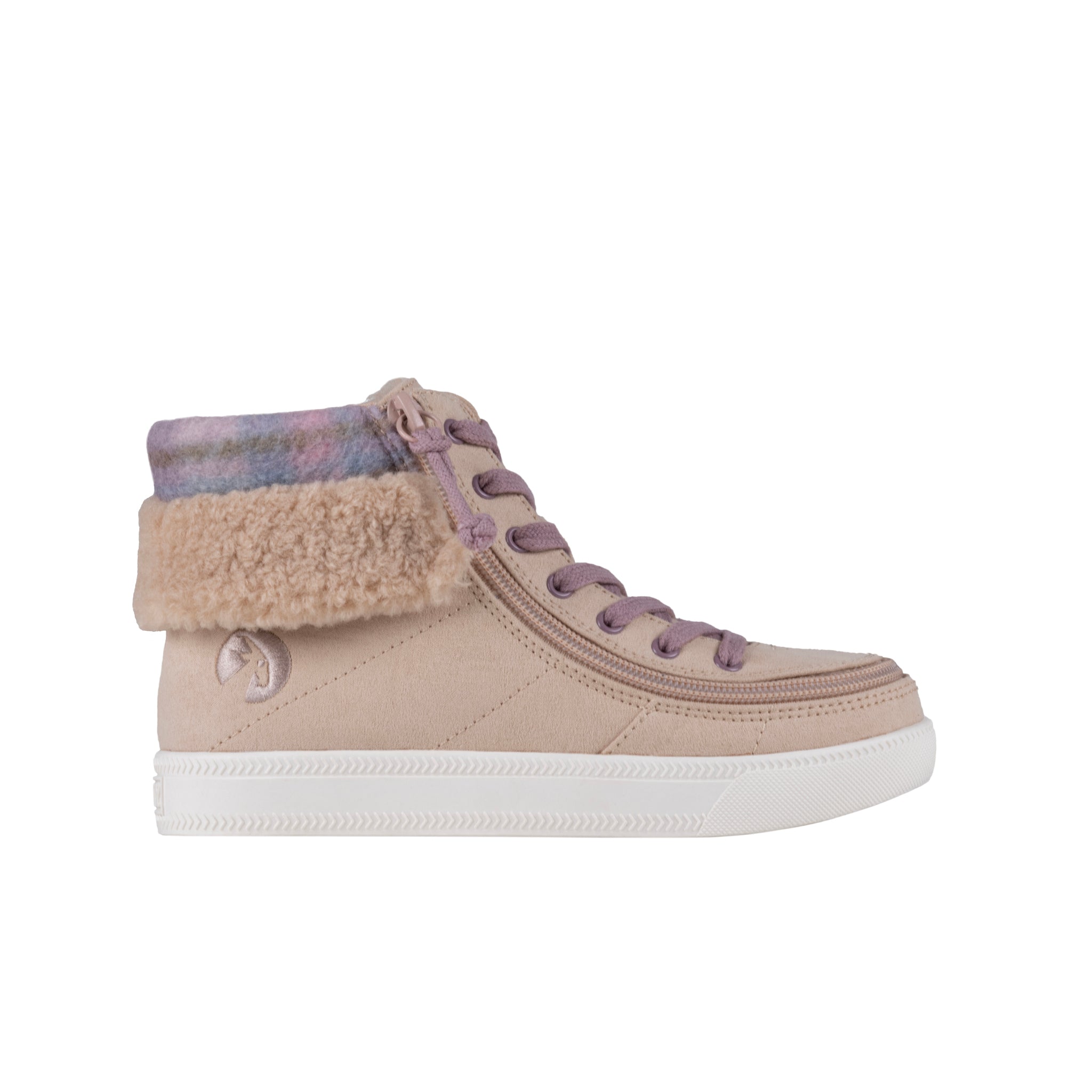 Beige high-top sneaker with fur trim on a white background