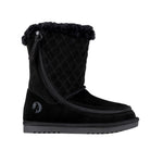 Black quilted winter boot with fur trim on a white background