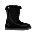 Black quilted winter boot with fur trim on a white background