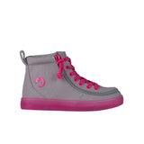 The BILLY Footwear Kids'/Toddler Classic Lace High sneaker in Grey/Pink features bright pink laces, sole, and accents with a stylish wraparound zipper, shown from the side on a white background.