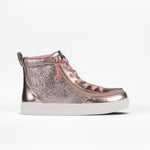 The BILLY Footwear Rose Gold Unicorn BILLY Classic Lace High kids sneaker features a pink metallic glitter finish, pink laces, white sole, and wraparound zipper, shown on a plain white background.