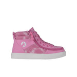 Pink high-top sneaker with a white logo on a white background