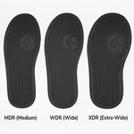Three black removable insoles labeled MDR, WDR, and XDR are arranged left to right, showing width differences and identical patterns—ideal for FINAL SALE - Black to the Floor BILLY D|R Short Wrap High Tops by BILLY Footwear.