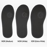 Three black removable insoles labeled MDR, WDR, and XDR are arranged left to right, showing width differences and identical patterns—ideal for FINAL SALE - Black to the Floor BILLY D|R Short Wrap High Tops by BILLY Footwear.