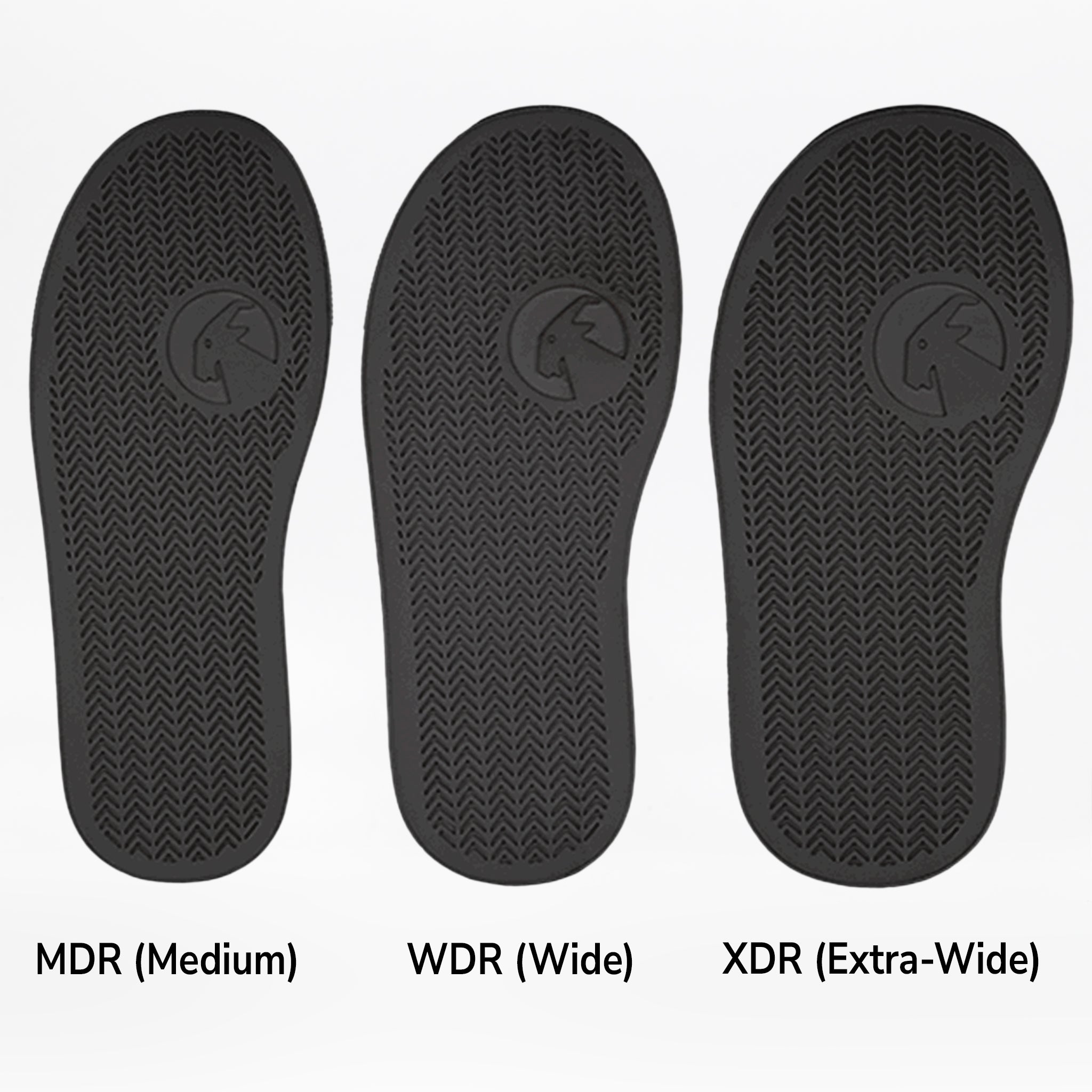 Three black removable insoles labeled MDR, WDR, and XDR are arranged left to right, showing width differences and identical patterns—ideal for FINAL SALE - Black to the Floor BILLY D|R Short Wrap High Tops by BILLY Footwear.