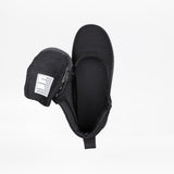 Top view of a FINAL SALE - Black to the Floor BILLY D|R Short Wrap High Top by BILLY Footwear, with its tongue pulled aside to reveal a white inner label. The black AFO-friendly shoe is displayed against a plain white background.