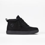The BILLY Footwear Kids'/Toddler D|R Short Wrap High in Black to the Floor is a black high-top sneaker with a lace-up front, side zipper, pull tab at the heel, subtle side logo, and textured rubber sole. AFO-friendly. Shown on white background.