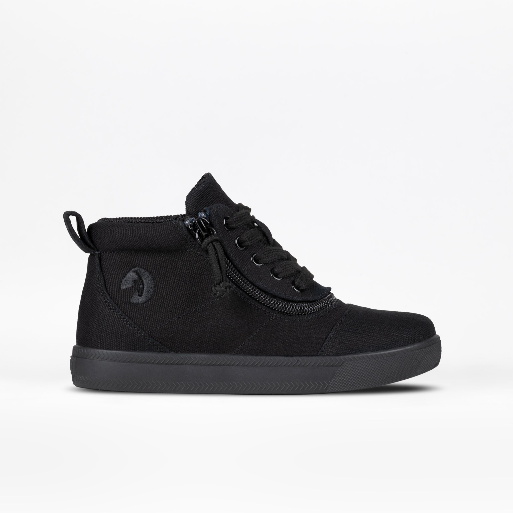 The BILLY Footwear Kids'/Toddler D|R Short Wrap High in Black to the Floor is a black high-top sneaker with a lace-up front, side zipper, pull tab at the heel, subtle side logo, and textured rubber sole. AFO-friendly. Shown on white background.