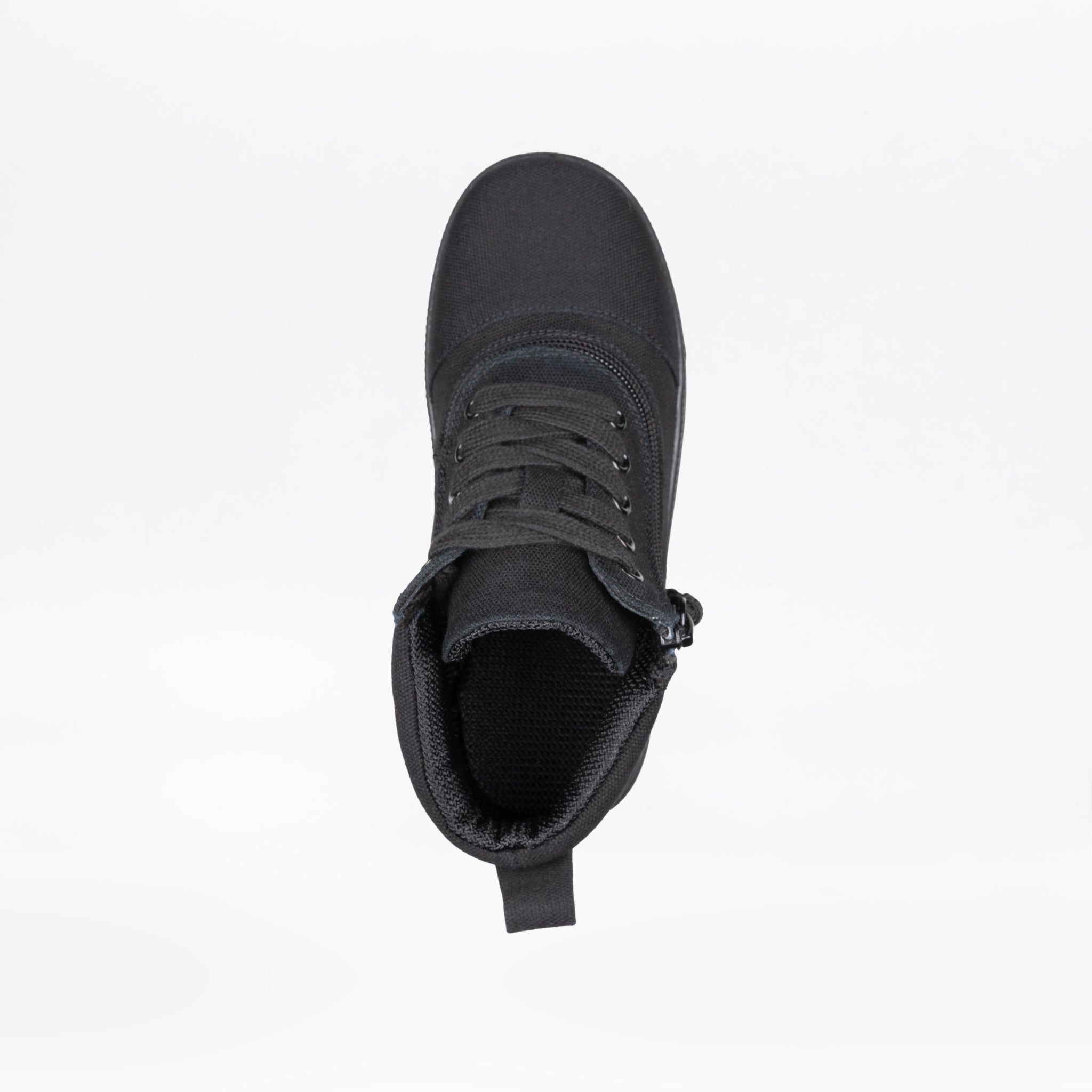 Top view of a single FINAL SALE - Black to the Floor BILLY D|R Short Wrap High Top by BILLY Footwear, black lace-up design with a fabric heel loop and removable insoles, shown against a plain white background.