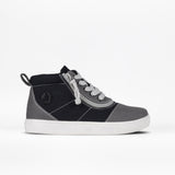 The FINAL SALE - Grey Colorblock BILLY D|R Short Wrap High Tops by BILLY Footwear feature gray and black panels, white stitching, laces, side zipper, white rubber sole, and removable insoles. AFO-friendly and extra wide for kids. Displayed on a plain white background.