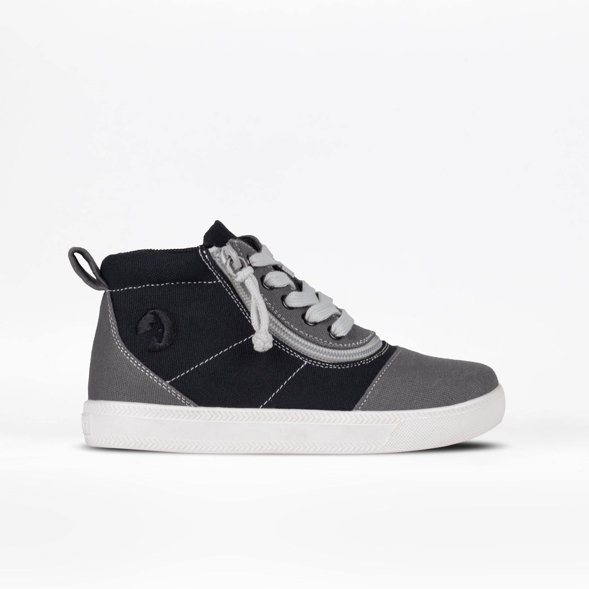 The FINAL SALE - Grey Colorblock BILLY D|R Short Wrap High Tops by BILLY Footwear feature gray and black panels, white stitching, laces, side zipper, white rubber sole, and removable insoles. AFO-friendly and extra wide for kids. Displayed on a plain white background.
