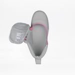 Top view of the FINAL SALE - Grey/Pink BILLY D|R Short Wrap High Tops by BILLY Footwear, a light gray adaptive slip-on with a partly open tongue, pink trim, and an interior white label with text.