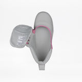 Top view of the FINAL SALE - Grey/Pink BILLY D|R Short Wrap High Tops by BILLY Footwear, a light gray adaptive slip-on with a partly open tongue, pink trim, and an interior white label with text.