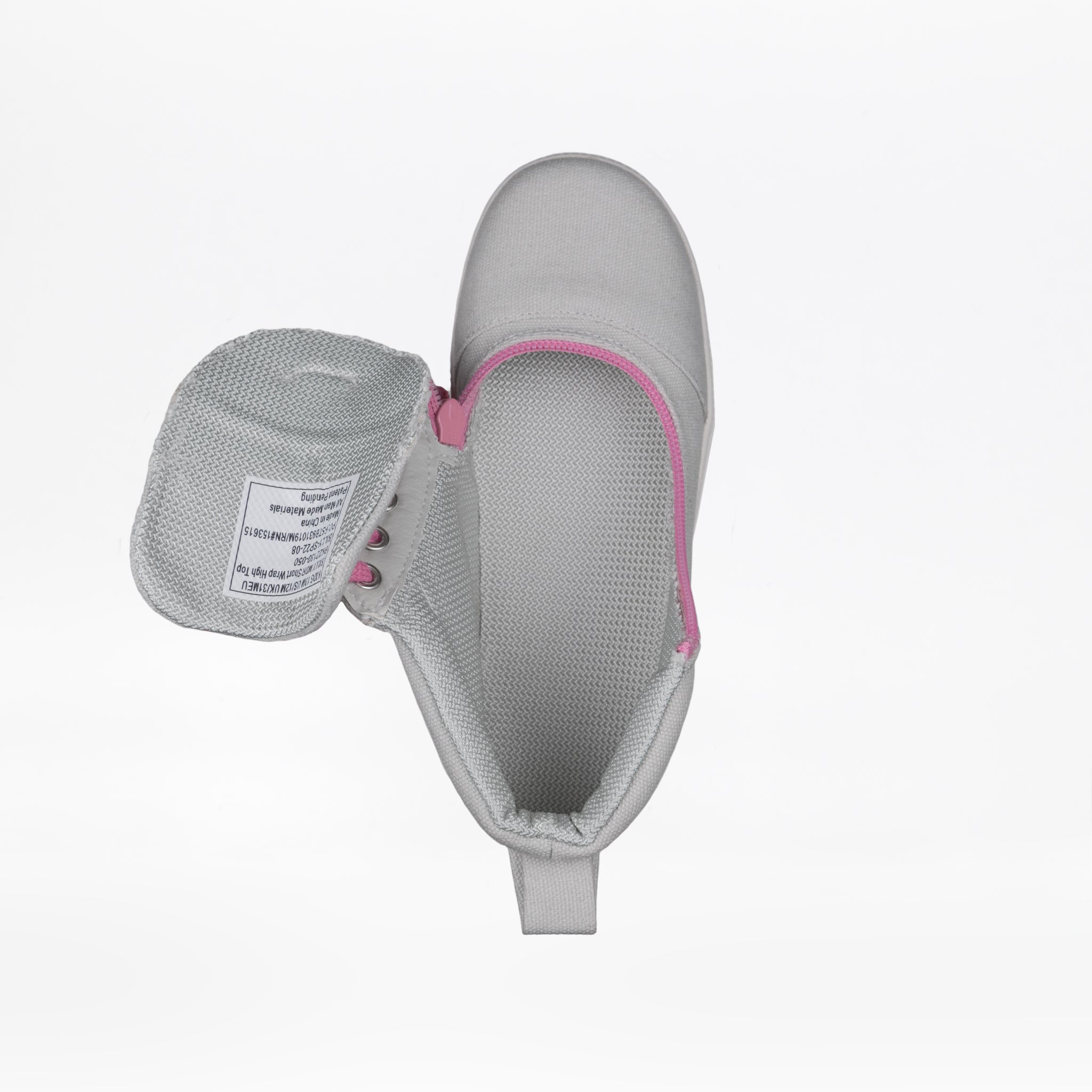 Top view of the FINAL SALE - Grey/Pink BILLY D|R Short Wrap High Tops by BILLY Footwear, a light gray adaptive slip-on with a partly open tongue, pink trim, and an interior white label with text.