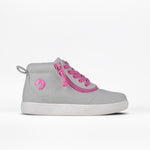 The FINAL SALE - Grey/Pink BILLY D|R Short Wrap High Tops by BILLY Footwear are light gray high-top sneakers with a white sole, pink laces, pink side zipper, and side logo, featuring removable insoles. Displayed on a white background.