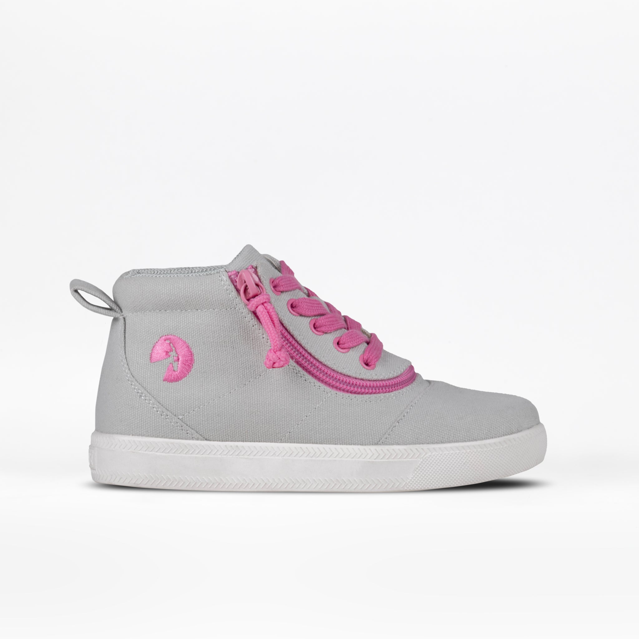 The FINAL SALE - Grey/Pink BILLY D|R Short Wrap High Tops by BILLY Footwear are light gray high-top sneakers with a white sole, pink laces, pink side zipper, and side logo, featuring removable insoles. Displayed on a white background.