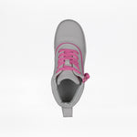The FINAL SALE - Grey/Pink BILLY D|R Short Wrap High Tops by BILLY Footwear are gray sneakers with bright pink laces, a side zipper detail, and removable insoles, shown from above against a plain white background.